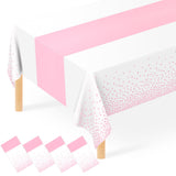 JCTHKUKU 4 Pack White and Light Pink Tablecloth Disposable White Printed Pastel Pink Table Runner for Parties Baby & Bridal Show