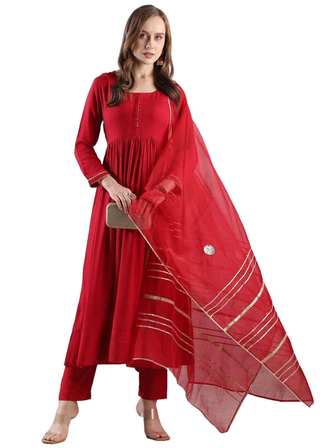 Gosriki Women'S Rayon Blend Anarkali Solid Kurta With Pant & Dupatta (Jaynti Red-Vks03-Gs_S_Red_Small),Red,,B0DJWFF4X4