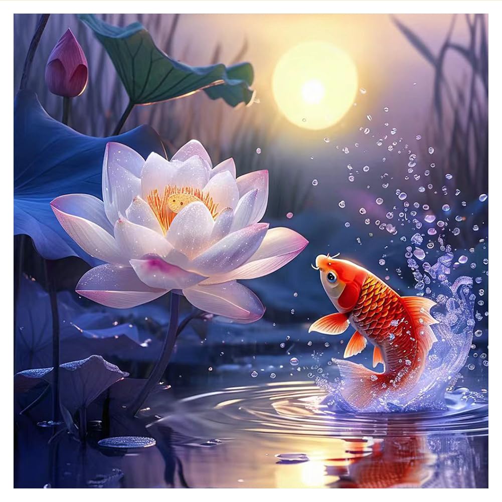 hill froeistung Lotus Flower Diamond Art Painting Kits for Adults,Fish Diamond Art for Beginners, 5D DIY Full Drill Round Gem Ar