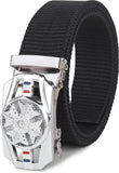 Canvas Belt For Men, Black Webbing With Silver Automatic Buckle, Decorative Wheel Design