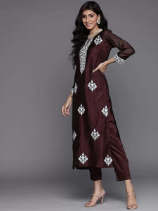 Gosriki Women'S Cotton Blend Straight Embroidered Kurta With Pant & Dupatta (Weekend Wine-Nw2-Gs_L_Wine_Large),Wine,,B0BYK78ZT2