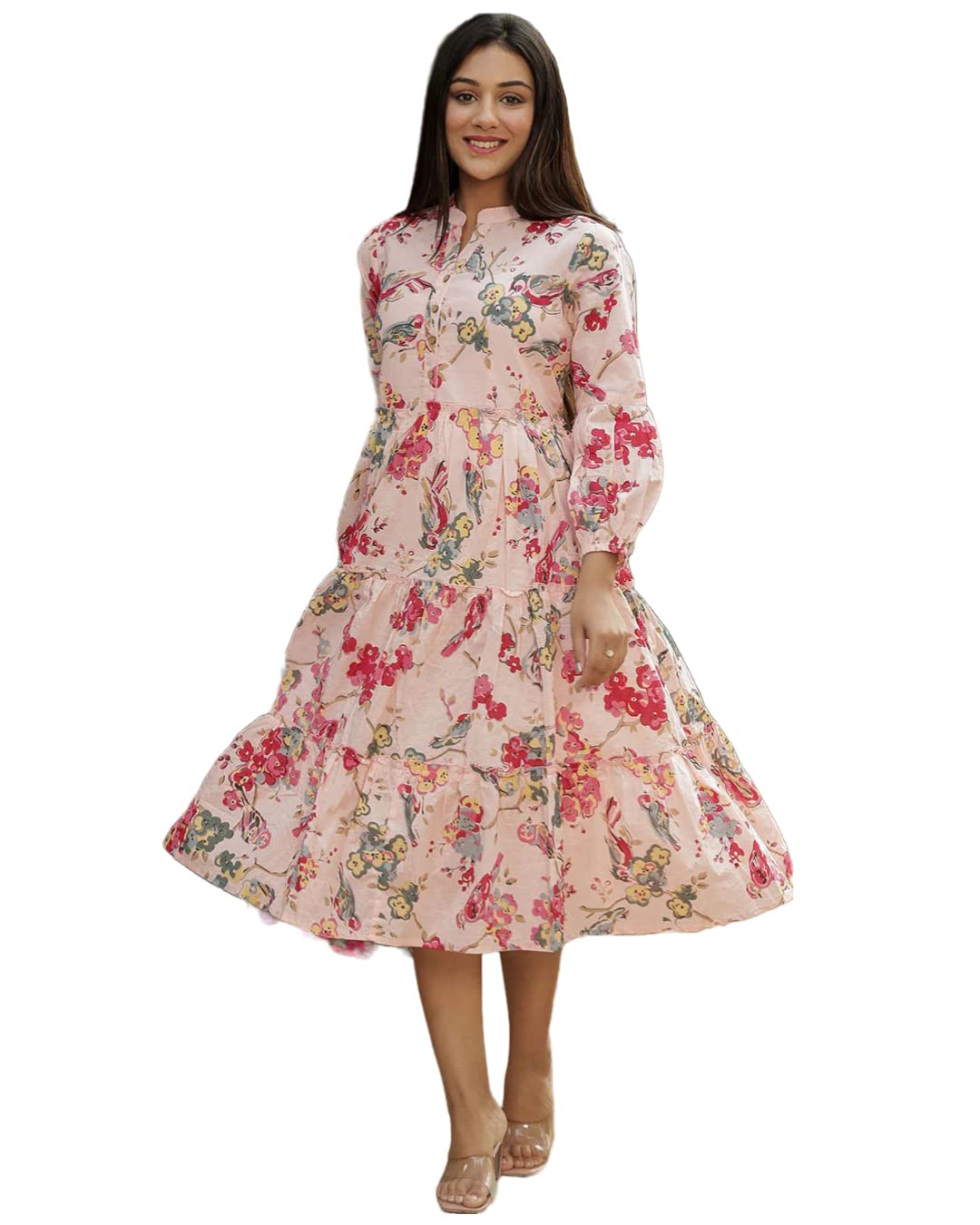 Gosriki Women'S Printed Rayon Smocked Tiered Midi Dress (Aas-Pink-Dress_M-Gs_Pink_Medium),Pink,,B0BRL3GRQM