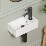 QISHKA Small Wall Mount Bathroom Vessel Sink, 15.6 X 8.6 Rectangular Floating Ceramic Wash Hand Basin - White Wall Hung Vanity S