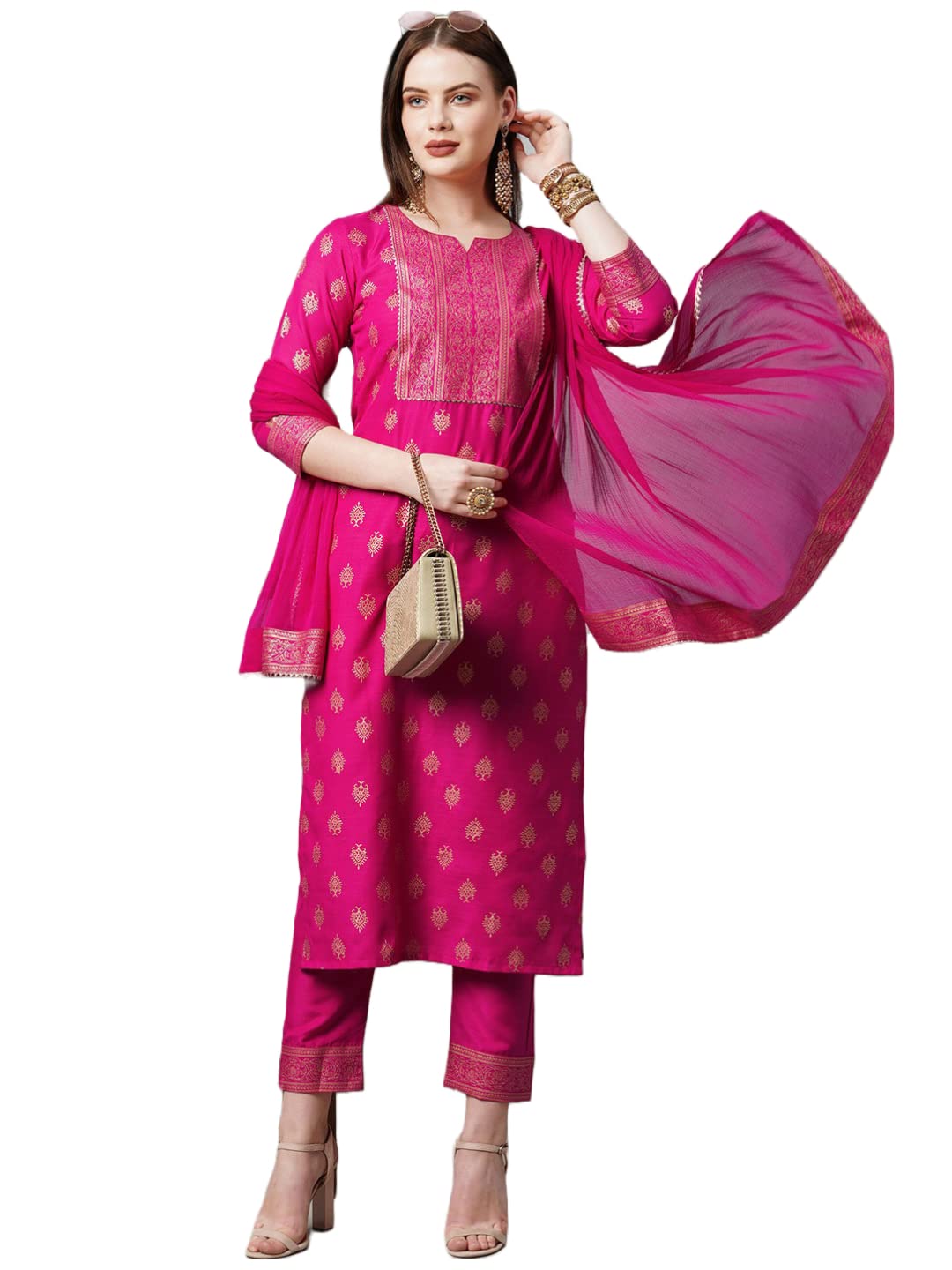 Anni Designer Women'S Cotton Straight Kurta With Pant & Dupatta (Kptd-Cot-10132-An-Pink_4Xl_Pink_Xxxx-Large),Pink,4XL
