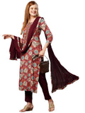 Anni Designer Women'S Cotton Blend Straight Printed Kurta With Pant & Dupatta (Tashi Wine-Jb_Xl_Wine_X-Large),Wine,XL,,,