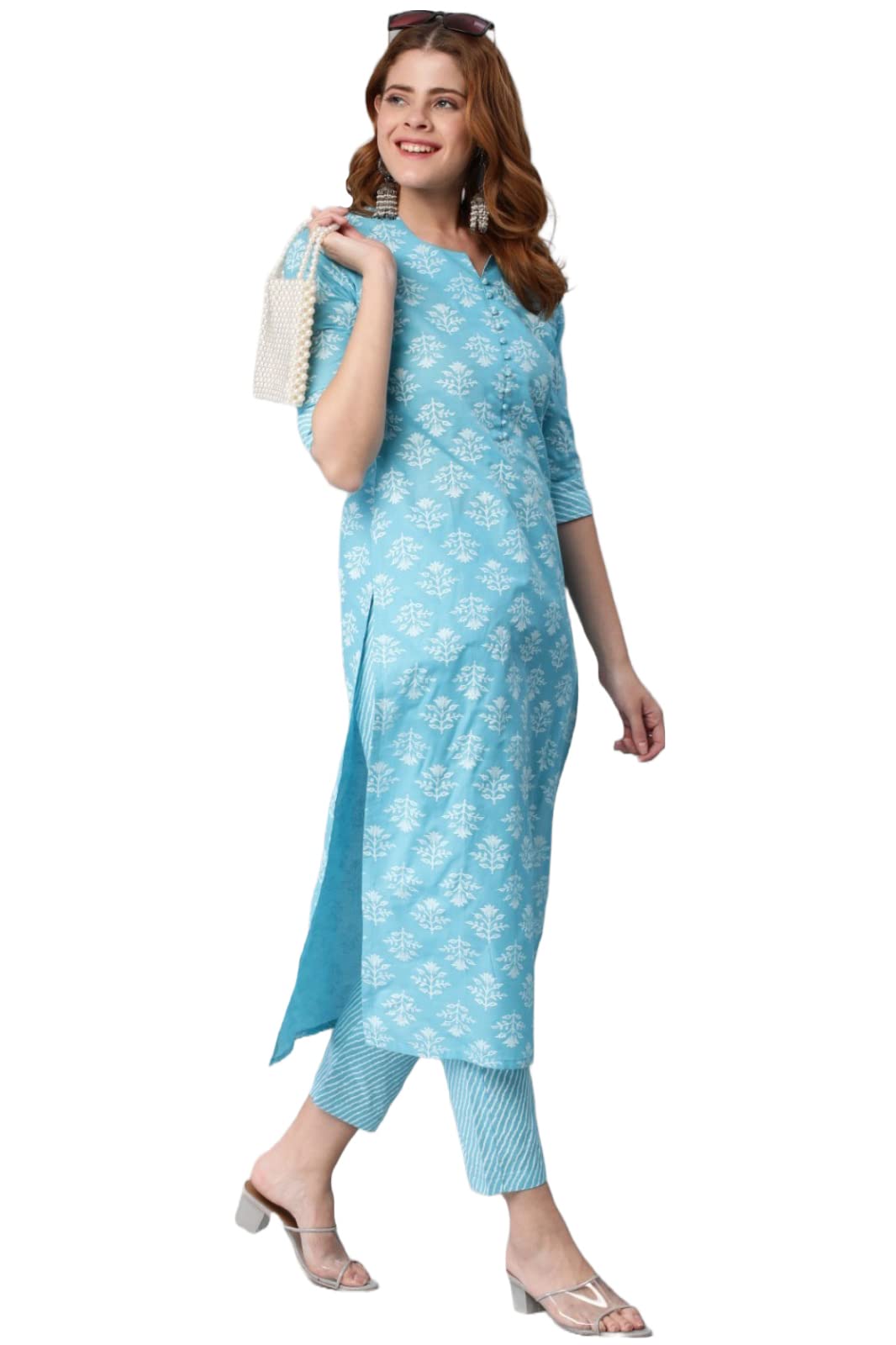 Anni Designer Women'S Cotton Blend Printed Straight Kurta With Pant (Sarva-Stone Blue_Xxl_Dark Blue_Xx-Large),Stone Blue,2XL
