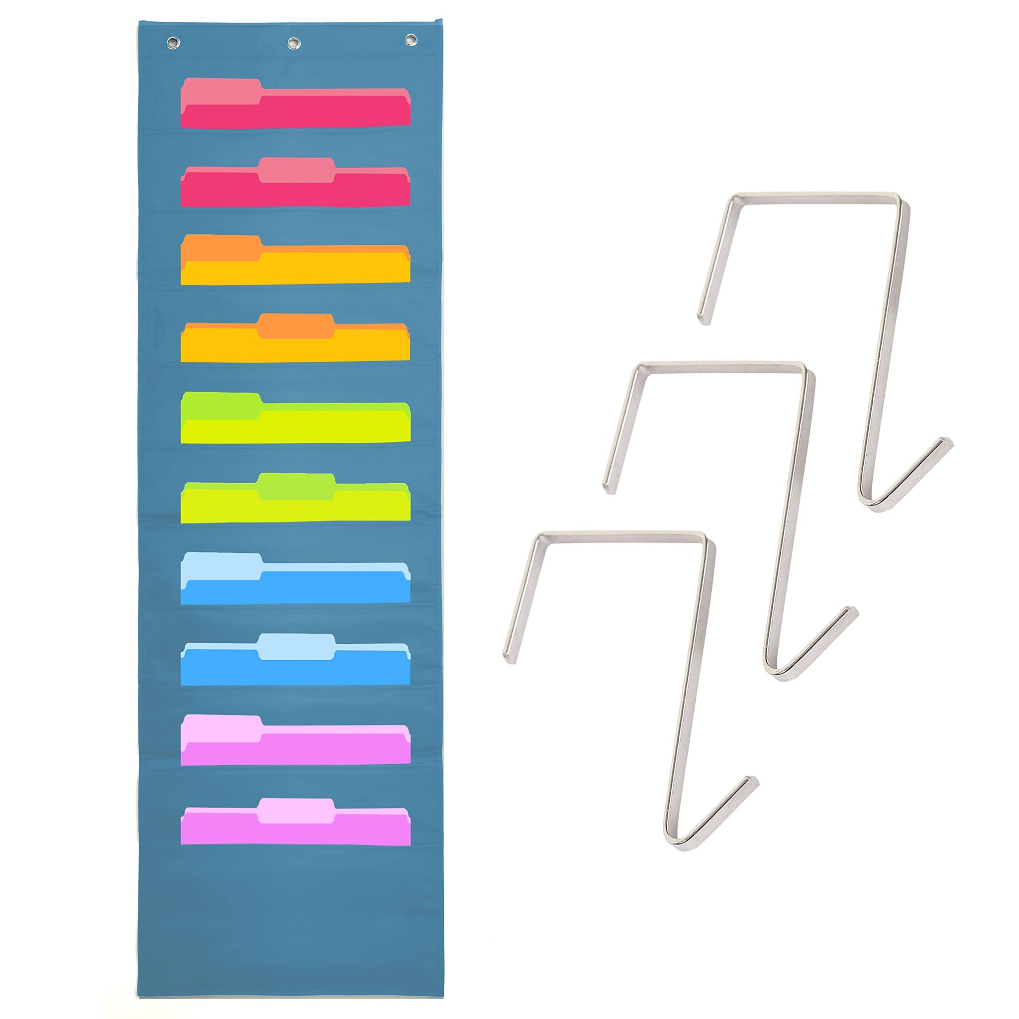 Hippo Creation Blue Pocket Chart for Classroom - 10 Pocket Storage Black Pocket Charts, 3 Over Door Hangers Included, Hanging Wa
