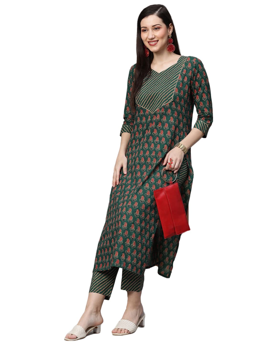 Gosriki Women'S Cotton Blend Traditional Straight Printed Kurta And Pant Set (Grape Green_Xl-Gs_Green_X-Large),Green,,B0BNNP2TD1