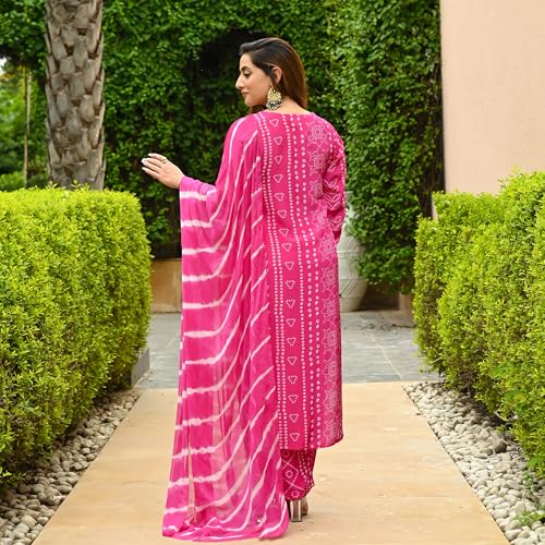 Anni Designer Women'S Rayon Blend Straight Bandhej Printed Kurta With Pant & Dupatta (Baghira Pink_3Xl_Pink_Xxx-Large),Pink,3XL,Rayon Blend,Regular,