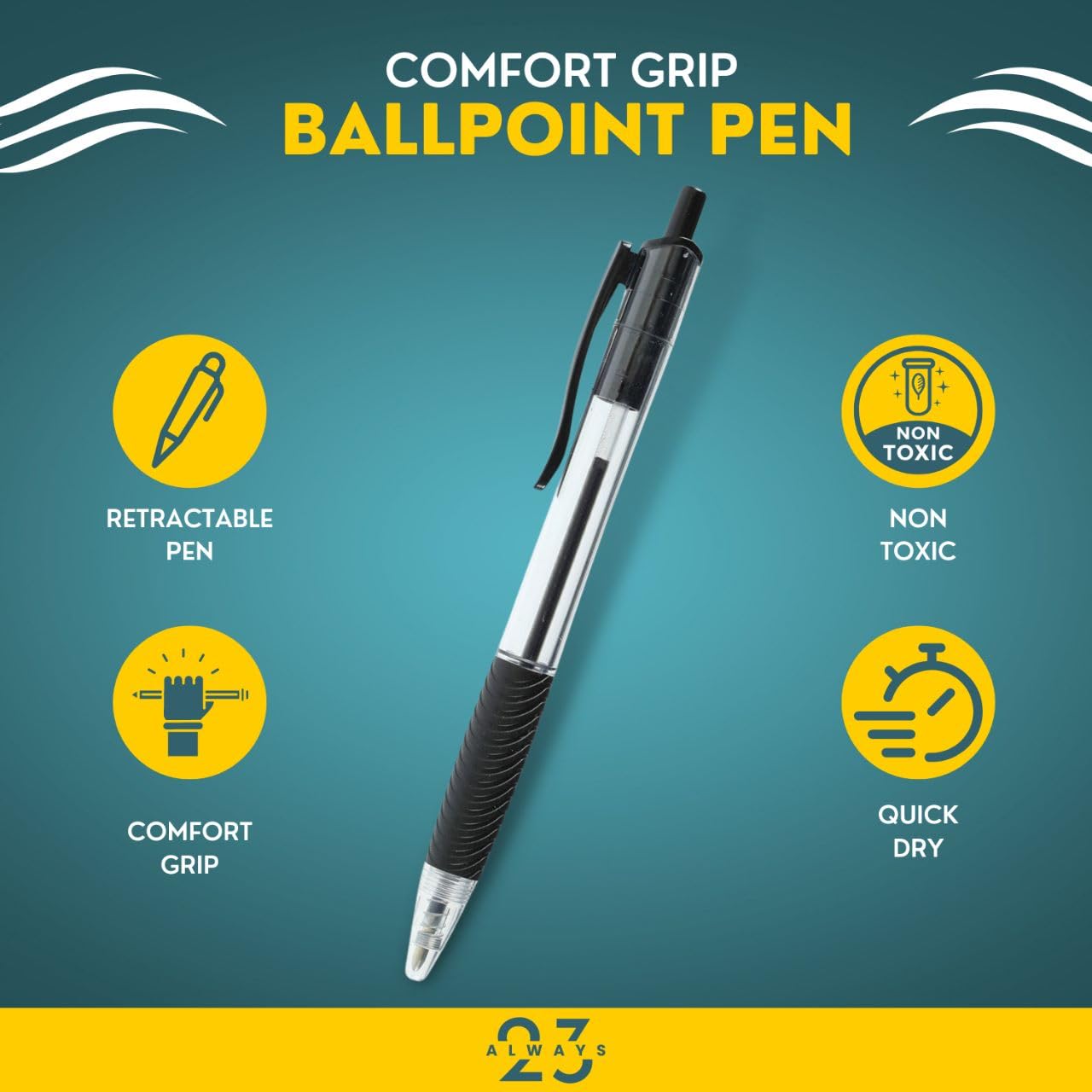 Always23 Ballpoint Pens, Comfort Grip Ballpoint Pen, Comfort Grip & Smooth Writing, Black Ink, 1mm 12 Pack