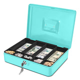 Flexzion Cash Box with Money Tray and Lock - Metal Cash Box for Small Businesses, 9-Compartment Blue Money Box with Removable Tr
