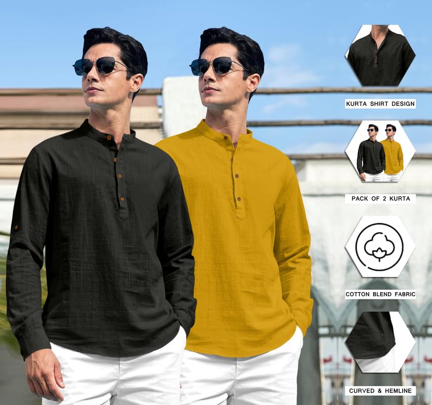 Royalscout Combo Of Men'S Solid Cotton Blend Full Sleeve Straight Kurta Shirt (Pack Of 2) Black-Gold