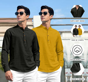 Royalscout Combo Of Men'S Solid Cotton Blend Full Sleeve Straight Kurta Shirt (Pack Of 2) Black-Gold