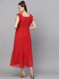 Sugathari Georgette Jacquard Butti Red Square Neck Knee Length Western Dresses For Women (Dress2 89 Red Xl)