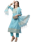 Anni Designer Women'S Cotton Blend Straight Solid Kurta With Pant & Dupatta (Lahar-Firozi_Xl_Sky Blue_X-Large),Sky Blue,XL