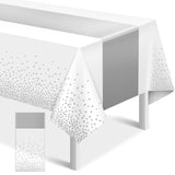 MASHAN 1Pcs White Silver Tablecloth Party Decorations,Plastic White Table Cloth Printed Silver Runner Disposable Rectangle Table