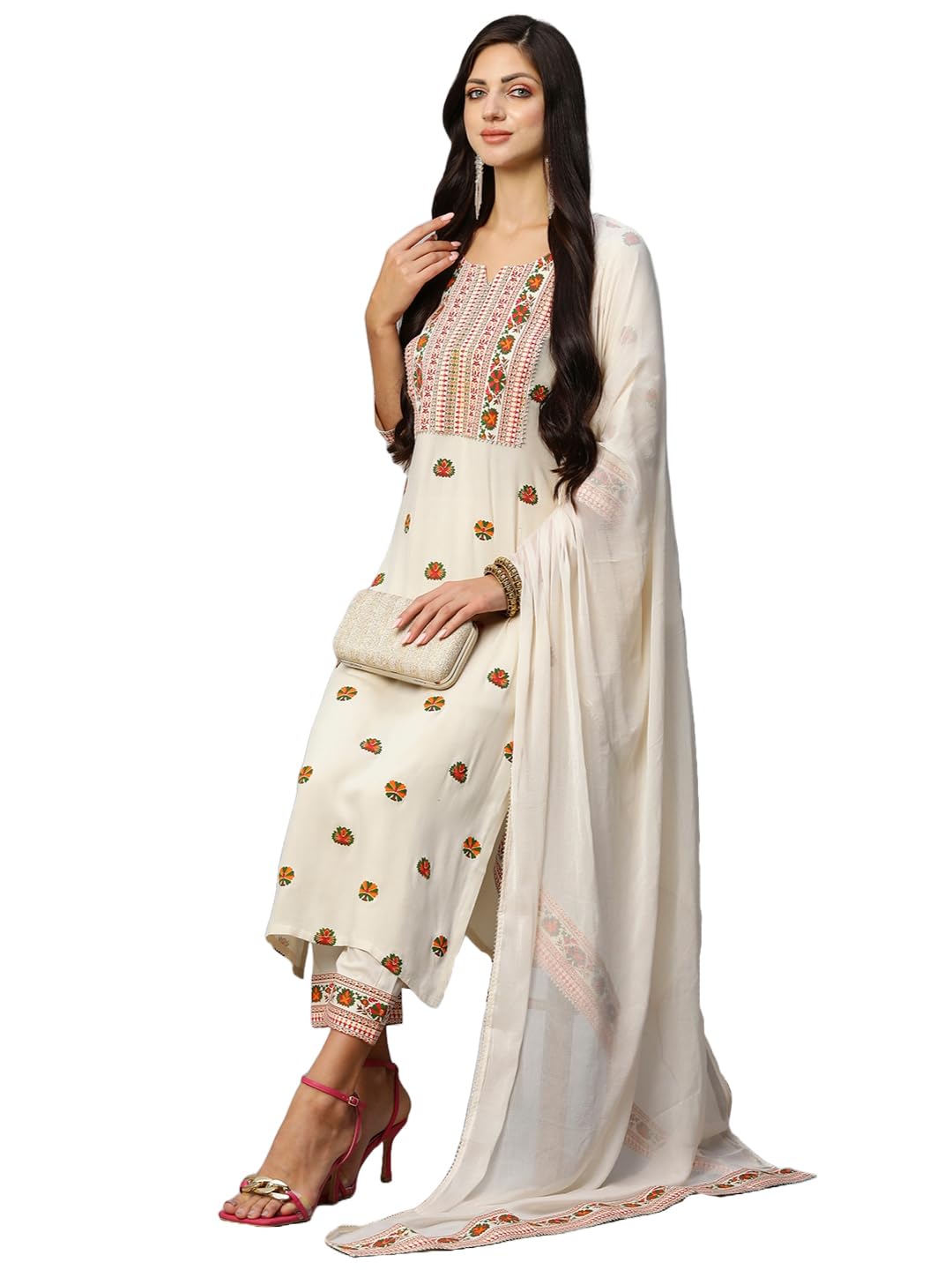Gosriki Women'S Cotton Blend Straight Printed Kurta With Pant & Dupatta (Bakhshi Cream-Gs_Xxl_Cream_Xx-Large),Cream,2,B0CM9LV4RQ