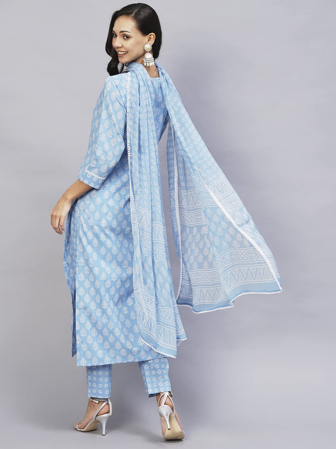 Anni Designer Women'S Cotton Blend Straight Printed Kurta With Pant & Dupatta (Dooti Blue-Cmd_S_Blue_Small),Blue,S,Cotton Blend,Regular,Dupatta