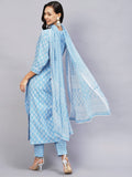 Anni Designer Women'S Cotton Blend Straight Printed Kurta With Pant & Dupatta (Dooti Blue-Cmd_L_Blue_Large),Blue,L,Cotton Blend,Regular,Dupatta