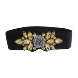 Syga WomenS Pu Leather Cinch Belt With Golden Crystal Floral Metal Buckle, Stretchable Waistband For Dresses Black