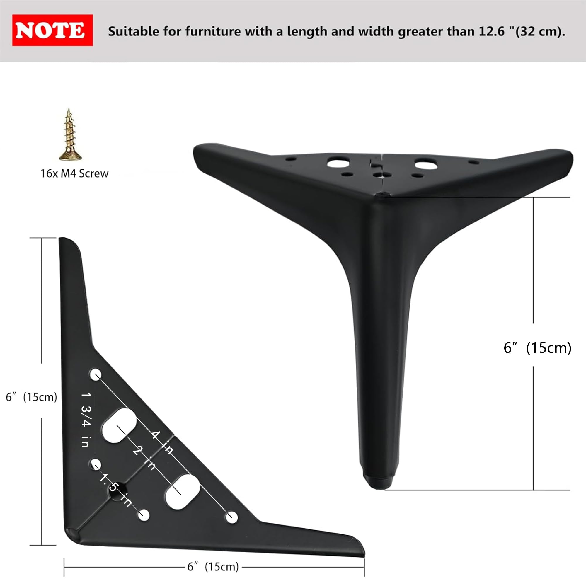 6 inch/15cm Matte Black Metal Furniture Legs Set of 4, Triangle Sofa Legs DIY Replacement for TV Stand, Sofa, Chair, Cabinet Cup