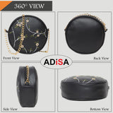 Adisa Women Girls Round Embroided Sling Bag (Black),Black,,B09GK3XQCF