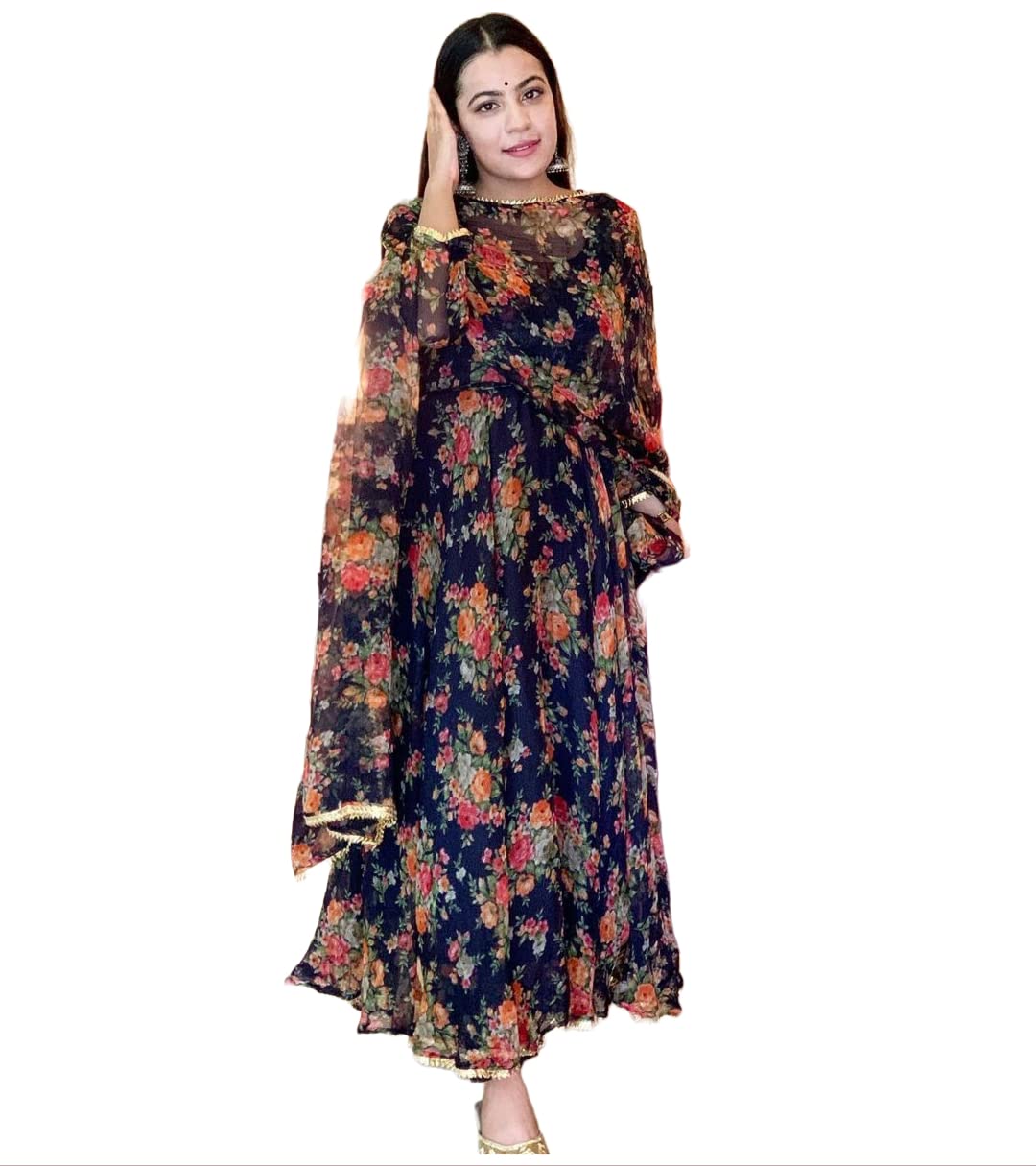 Anni Designer Women'S Georgette Anarkali Printed Kurta With Pant & Dupatta (Atasi Blue_S_Dark Blue_Small),Dark Blue,S