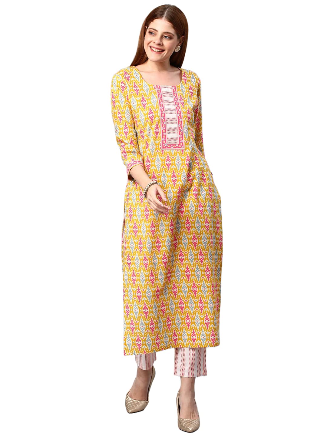 Anni Designer Women'S Cotton Blend Printed Straight Kurta With Pant (Jinki-Yellow_Xxl_Dark Blue_Xx-Large),Yellow,2XL
