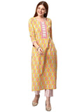 Anni Designer Women'S Cotton Blend Printed Straight Kurta With Pant (Jinki-Yellow_Xxl_Dark Blue_Xx-Large),Yellow,2XL