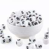 HHCFAST 12mm White Square Letter S Alphabet Silicone Beads, 20Pcs Cube Heart Number Letter Silicone Beads for Keychain Making, I