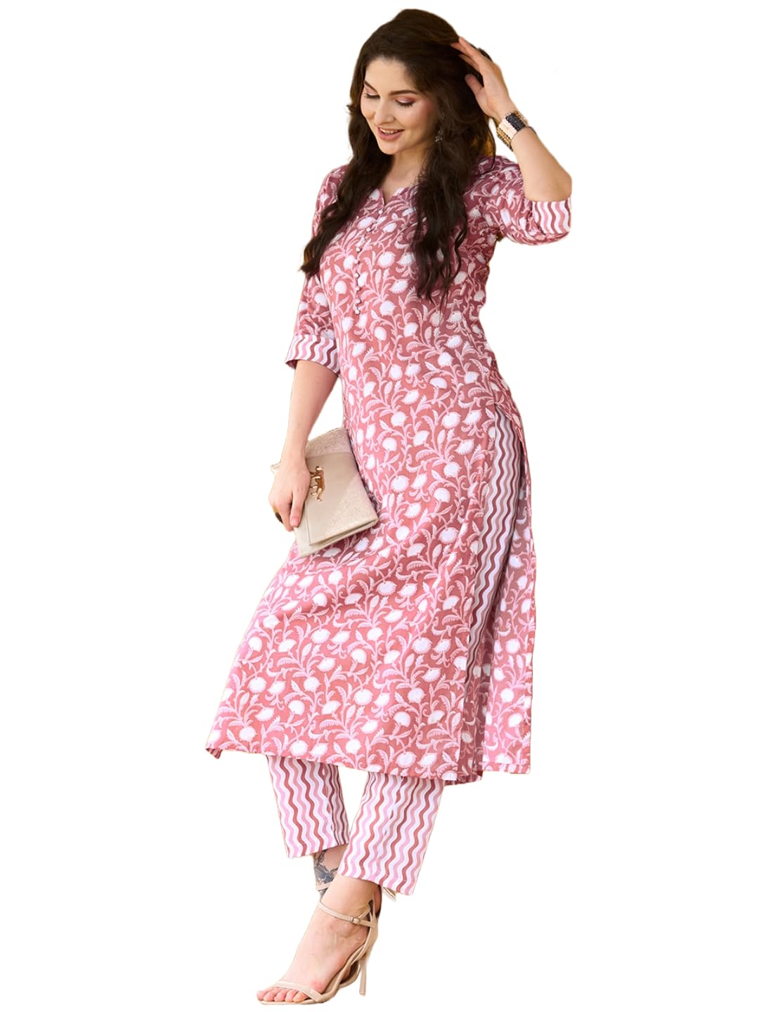 Anni Designer Women'S Cotton Blend Straight Printed Kurta With Pant Set (Jayani-Wine_Xl_Wine_X-Large),Wine,XL