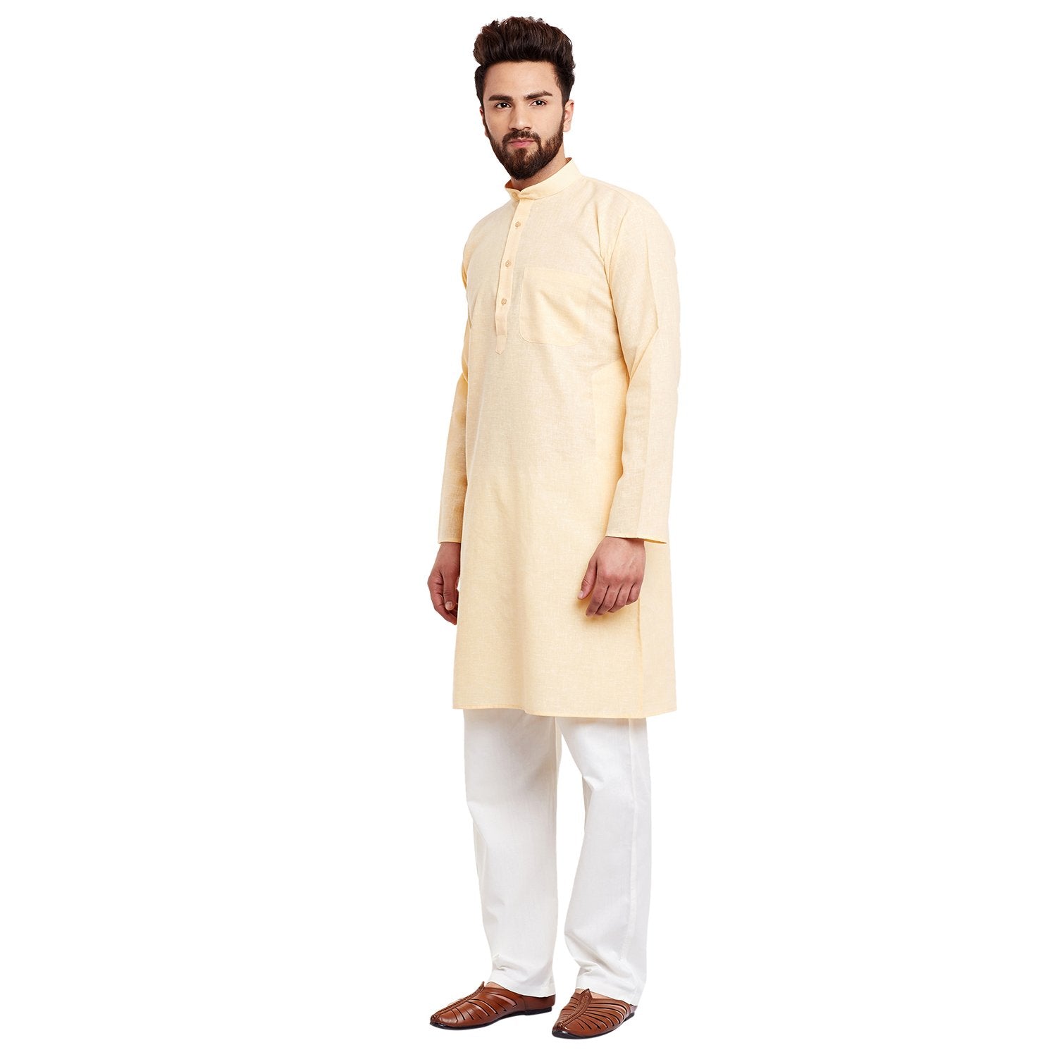 Sojanya (Since 1958 Men'S Yellowcotton Linen Kurta Pyjama