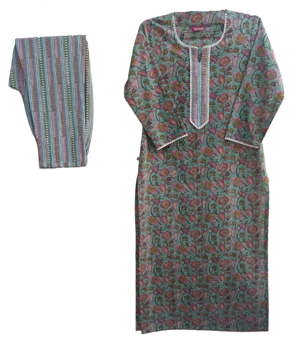 Anni Designer Women'S Cotton Blend Printed Straight Kurta With Pant (Dawai Green-Nw_L_Green_Large),Green,L