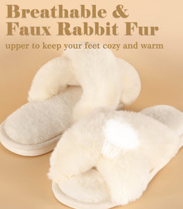 Ankis Women White Fuzzy Fluffy Slippers Soft cozy Plush Memory Foam Slipper Open Toe Bedroom comfy cross Band for Womens
