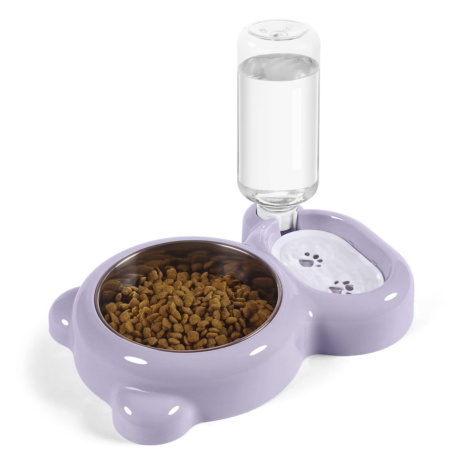 Azwraith Double Dog Cat Bowls, Pet Water And Food Bowl Set With Automatic Water Dispenser Bottle Detachable Stainless Steel Bowl