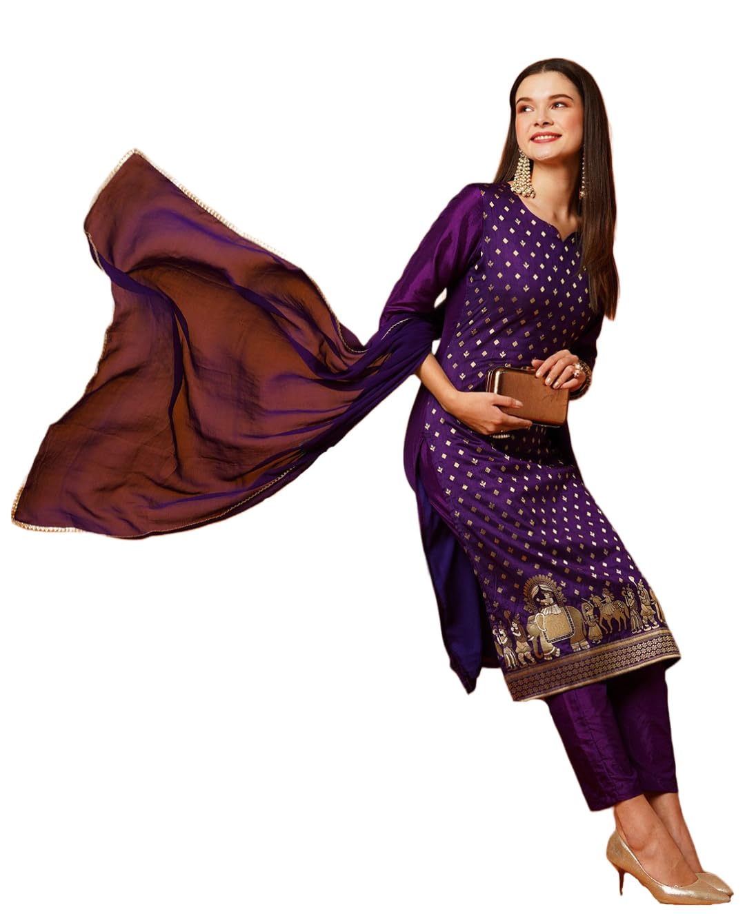 Anni Designer Women'S Cotton Blend Straight Embellished Kurta With Pant & Dupatta (Jodha Violet_Xxl_Violet_Xx-Large),Violet,2XL