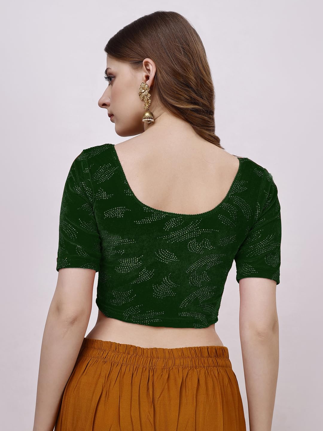 Vihu Fashion Women'S Readymade Hosiery Velvet Lycra Stretchable Round Neck Half Sleeve Blouse Fancy Green Color Lycra Stretchable Blouse For Women Readymade Saree Blouse Green L