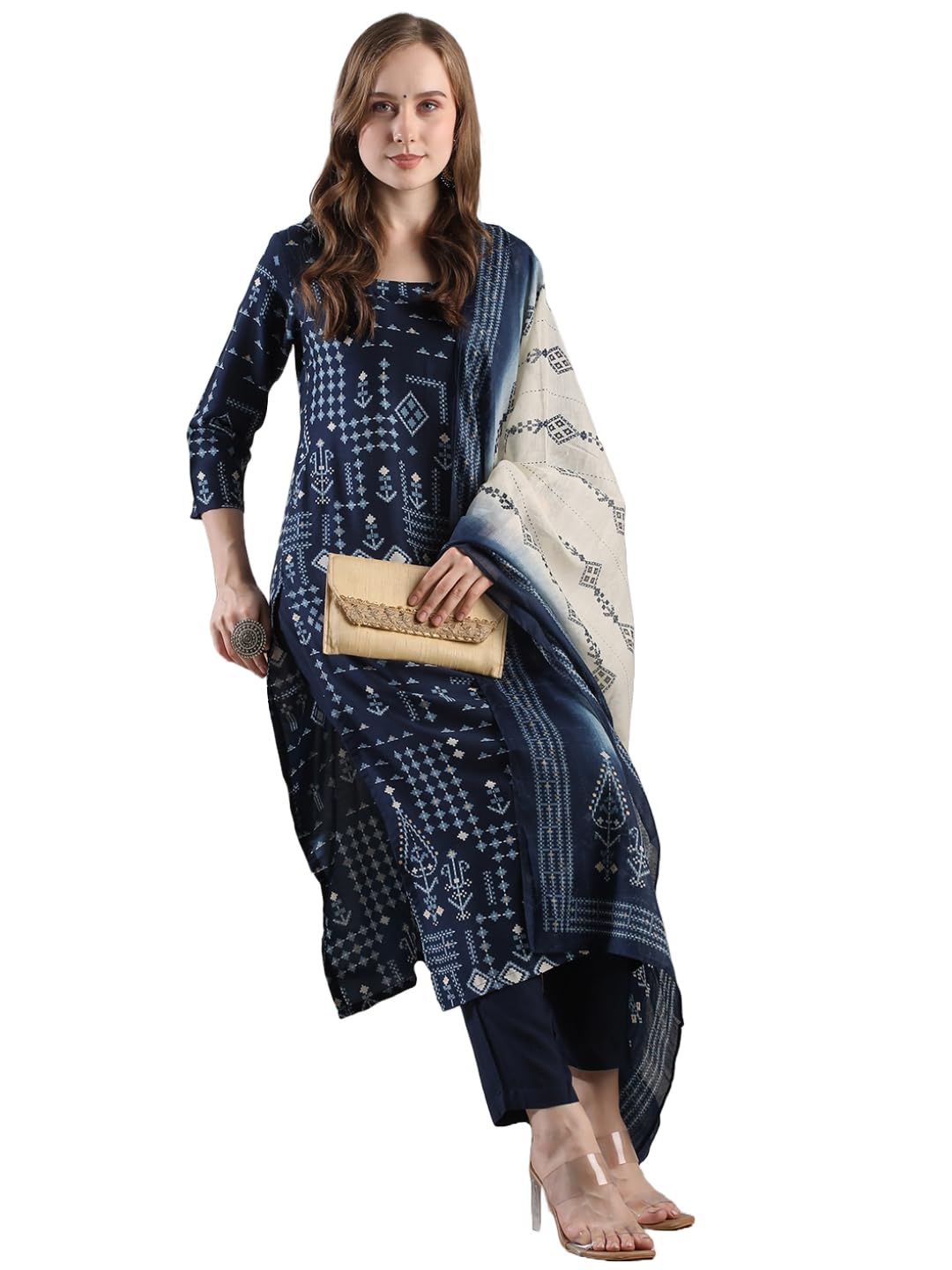 Anni Designer Women'S Rayon Blend Straight Printed Kurta With Pant & Dupatta (Paulmi Blue-Vks02_Xxl_Blue_Xx-Large),Blue,2XL