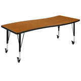 Flash Furniture Mobile 26W x 60L Rectangular Wave Collaborative Oak Thermal Laminate Activity Table - Height Adjustable Short Le