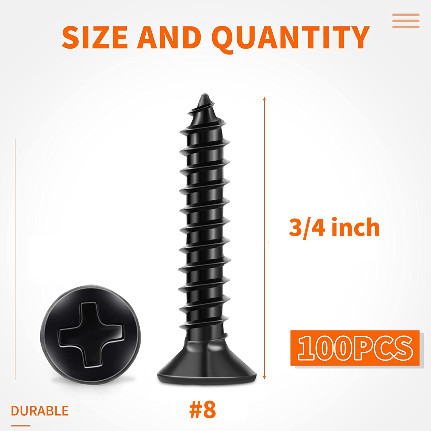 100 PCS #8 X 3/4 inch Black Oxide Coated Flat Head Phillips Wood Screws, Stainless Steel 18-8 (A2) Fully Threaded 8 X 3/4'' Self