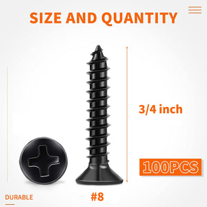 100 PCS #8 X 3/4 inch Black Oxide Coated Flat Head Phillips Wood Screws, Stainless Steel 18-8 (A2) Fully Threaded 8 X 3/4'' Self