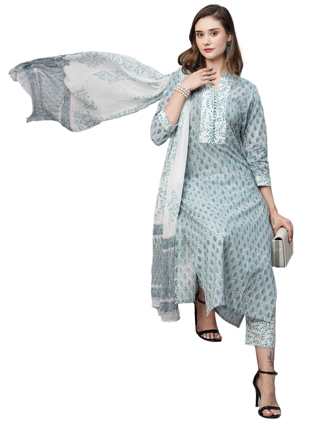 Anni Designer Women'S Cotton Blend Straight Printed Kurta With Pant & Dupatta (Dudu Blue_M_Blue_Medium),Blue,M