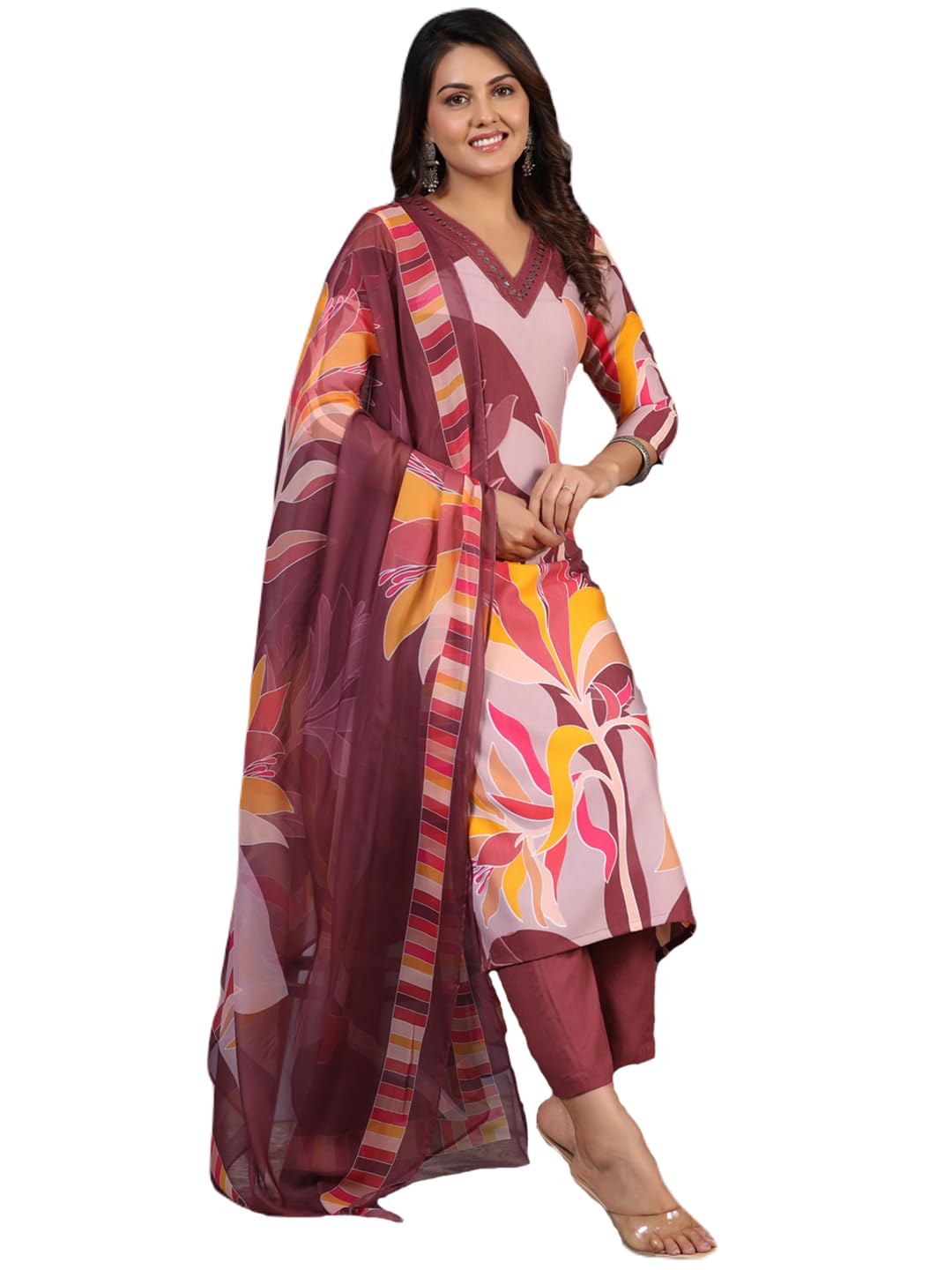 Gosriki Women'S Rayon Blend Printed Straight Kurta With Pant & Dupatta (Khissu Wine-Gs_Xl_Wine_X-Large),Wine,,B0CXPS3FH4