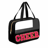 JOJOPOLLO Chenille Pink Letter Cheer Bag Cheerleader Gifts for Team Women Girls Cheer Stuff Accessories Makeup Bag with Handle a
