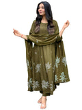 Gosriki Women'S Rayon Viscose Anarkali Printed Kurta With Pant & Dupatta (Gangori Mehandi-Gs_M_Mehandi_Medium),Mehandi,,B0DX24ZBG3