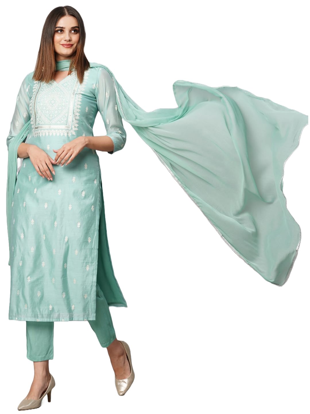 Gosriki Women'S Cotton Blend Straight Printed Kurta With Pant & Dupatta (Sawre Pista-Gs_S_Pista_Small),Pista,,B0CGD6V433