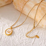 Gold Oval Pendant Necklace Natural Fritillary & Zircon Inlay 18K Gold Plated Copper Frame Titanium Steel Chain Adjustable (4