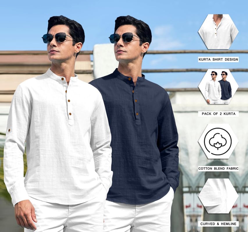Royalscout Combo Of Men'S Solid Cotton Blend Full Sleeve Straight Kurta Shirt (Pack Of 2) White-Navy White-Navy M