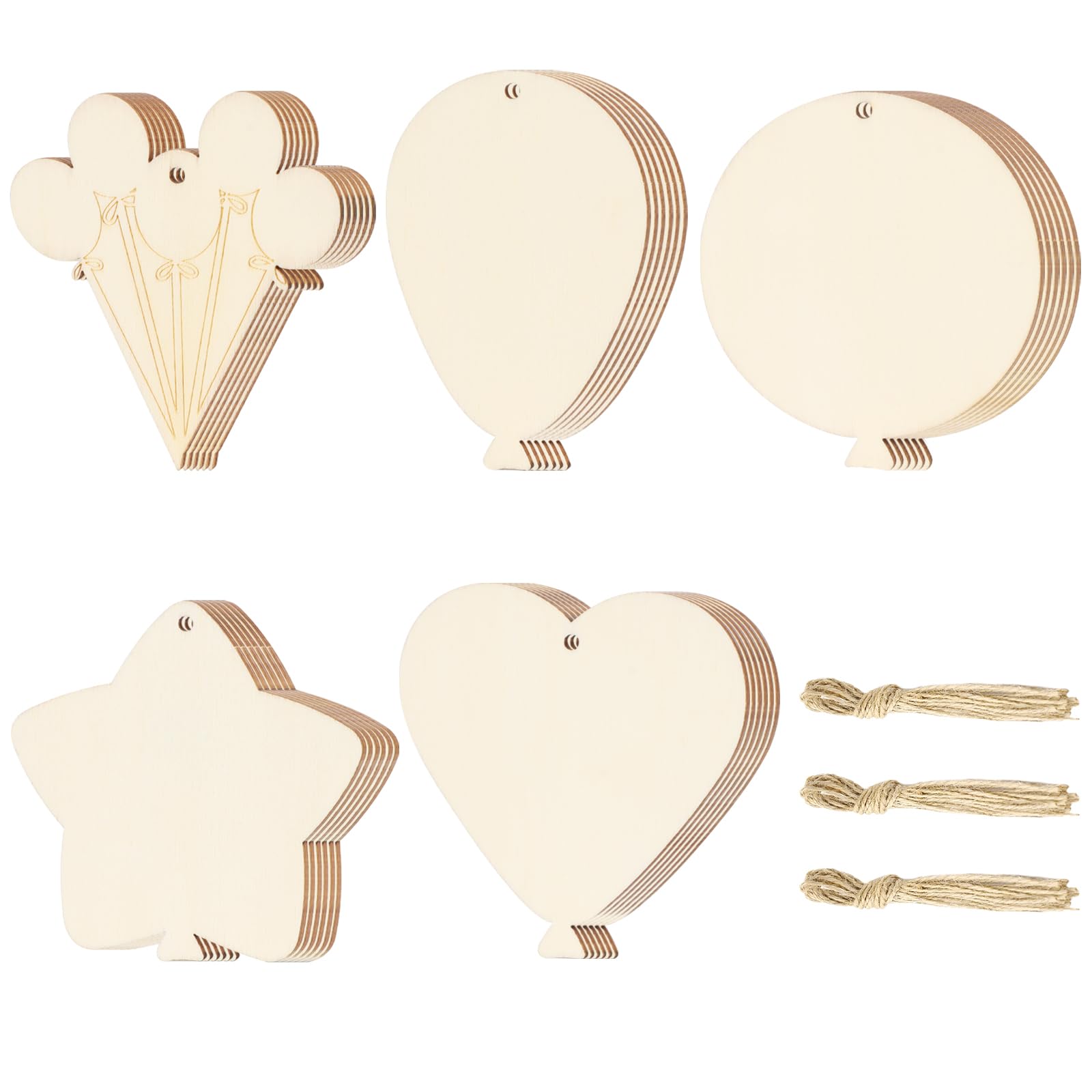 Tmflexe 30Pcs Balloon Shape Unfinished Wooden Ornaments DIY Craft Paintable Blank Cutouts Hanging Wood Slices for Canival Kids B