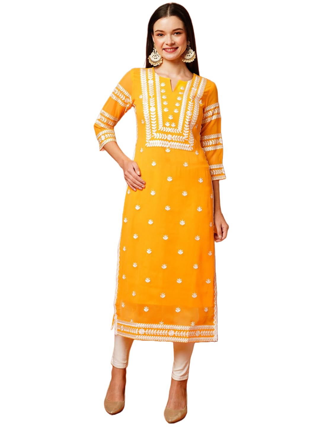 Anni Designer Women'S Cotton Blend Straight Chikankari Embroidered Kurta (Stho-Mustard_S_Mustard_Small),Mustard,S